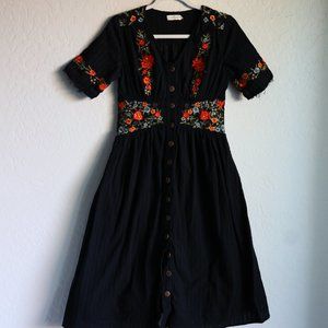 Roolee Black Embroidered Midi Dress